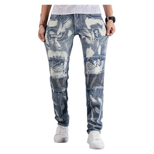 New Men&39s Male Fashion Casual Ripped Biker Jeans Holes Painted Patchwork Stretch Denim Pants Slim Pencil Trousers