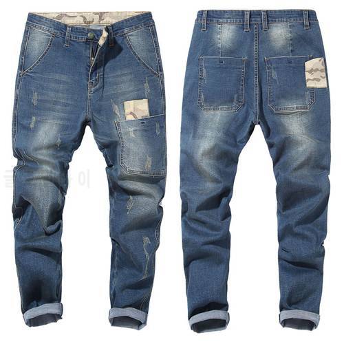Brand Jeans Men Dark Blue Stretch Loose Ripped Distressed Streetwear Denim Pants Casual Retro Trousers Hiphop Jean Homme Male