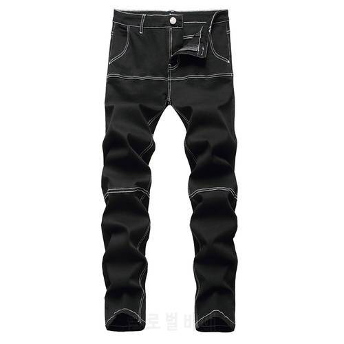 Men&39s Black Slim Stretch Denim Jeans Spliced Patchwork Contrast Color Pants Streetwear Trousers