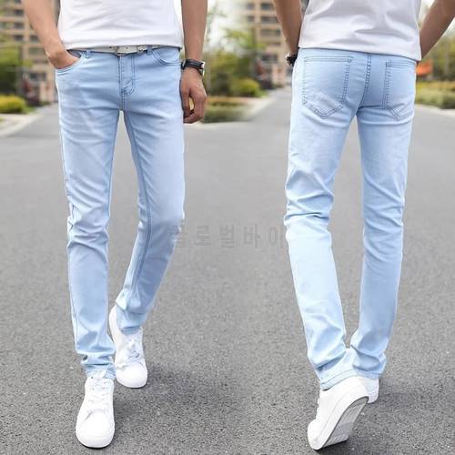 2021New Men Stretch Skinny Jeans Male Designer Brand Super Elastic Straight Trousers Jeans Slim Fit Fashion Jeans , Sky blue