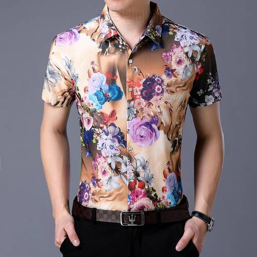 Mens summer floral shirts casual male short sleeve fashion printing clothes flowers dress shirts