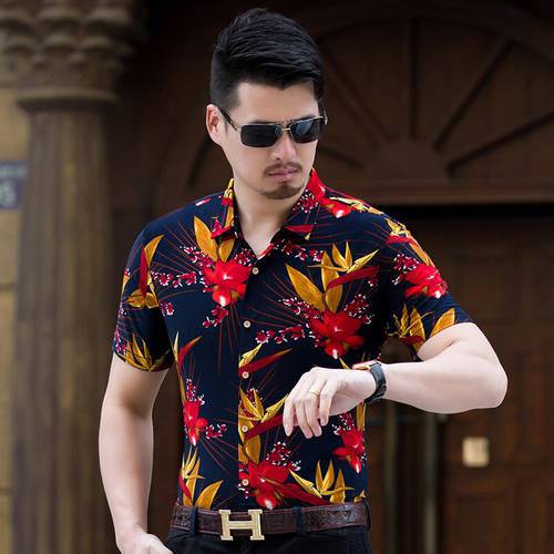 New summer mens floral shirt fashion printing dress male short sleeve flowers printed clothes free shipping