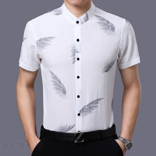 Men Linen Cotton Shirt Summer Printed Clothes Short Sleeve Male Casual Mandarin Collar Shirt Free Shipping