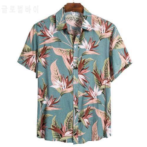 2021 New Fashion Shirt For Mens Leaf Print Casual & Breathable Light Chest Pocket Short Sleeve Linen Shirts