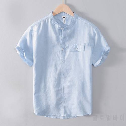Summer new cotton and linen stand collar blue shirts men trendy comfortable shirt for men chemise camisa tops mens clothes