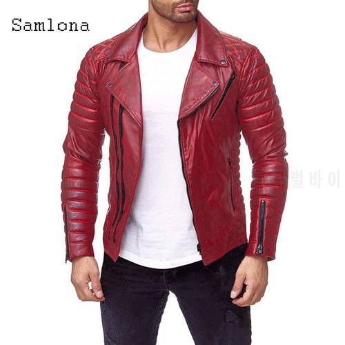 Mens Pu Leather Jackets Autumn Casual Motorcycle Jacket Biker Red Black Faux Leather Coats Pocket Zipper Overcoat Men Clothing