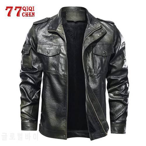 Motorcycle Leather Jacket Men Stand Collar Solid Color Long Sleeve Zipper Casual Mens Military Pu Leather Jacket Plus Size M-5XL