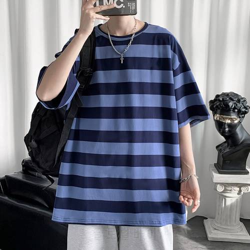 Striped Contrast Short Sleeve T-Shirt Men&39s Trendy Summer Streetwear Hip Hop Loose Retro Couple Tops O Neck Tee Shirt Homme