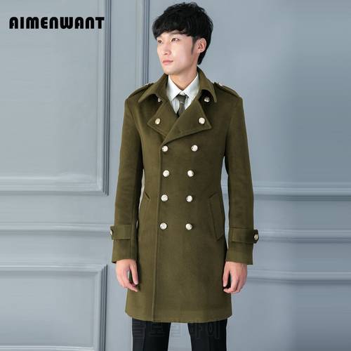 AIMENWANT Brand Autumn/Winter New Design Woolen Coat for mens Double Breasted Slim Fit Military Army Green Overcoat Male Outwear