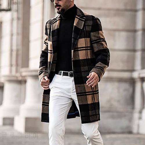 men&39s coats autumn casual Mid-long woolen cloth coat man Slim fashion Streetwear Plaid trench coat men 2020