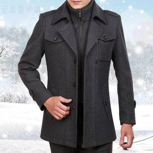 New Fashion Men Middle Long Scarf Collar Cotton-padded Winter Thick Warm Woolen Jacket Coat Male Trench Coat Overcoat