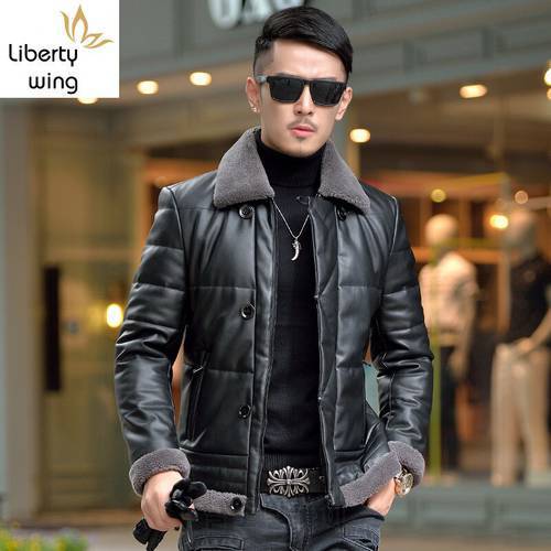 Fashion Warm Fur Collar Mens White Duck Down Coats Parkas Male 100% Real Leather Jackets Jaqueta De Couro Motoqueiro Plus Size