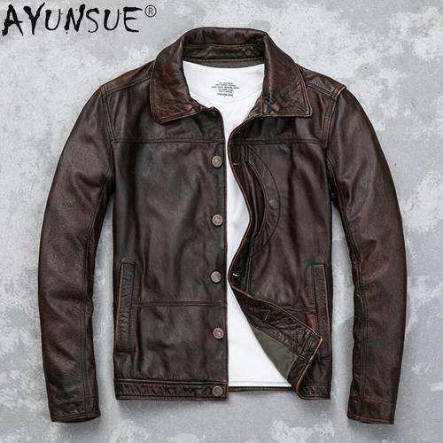 AYUNSUE Men&39s Genuine Leather Autumn Men Clothing Real Cow Leather Jacket Male Retro Denim Jacket Style Mens Clothes Ropa LXR392