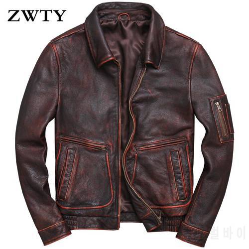 ZWTY Lapel Vintage Old Motorcycle Clothing Leather Jacket Fen&39s first Layer Cowhide Autumn Special Leather Slim Leather Jacket