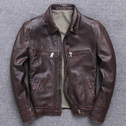 Vintage Mens Genuine Leather Jackets and Coat Motorcycle Real Cow Cowhide Casual Brown Jacket jaqueta de couro Plus Size 4XL