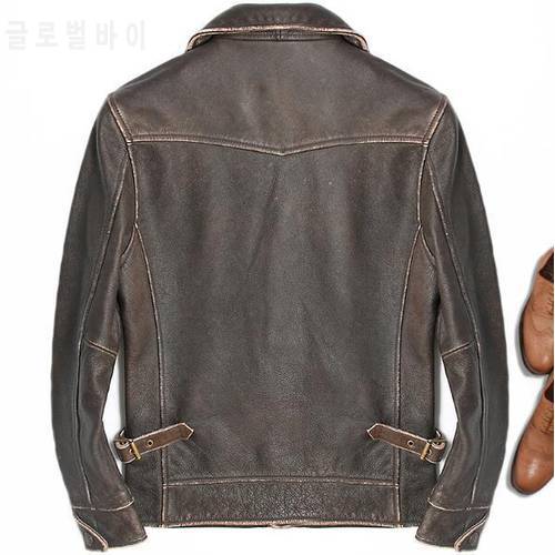 2020 New Arrival Vintage Brown Men Smart Casual Leather Jacket Single Breasted Plus Size XXXL Genuine Cowhide Russian Coat