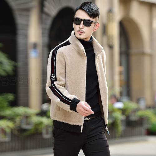 Men&39s fur color-blocking embroidery thickened warmth stand-up collar fur one-piece slim-fit sheep shearing winter jacket