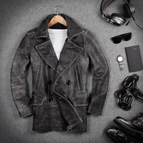 Vintage Retro Genuine Leather Jacket Men Motorcycle 100% Real Cow Cowhide Mens Double Breasted Male Winter Casual Trench Coats