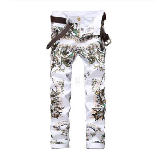 New Men&39s male Jeans white with Personalized Painted Print Patterns Printed Denim Pants trousers