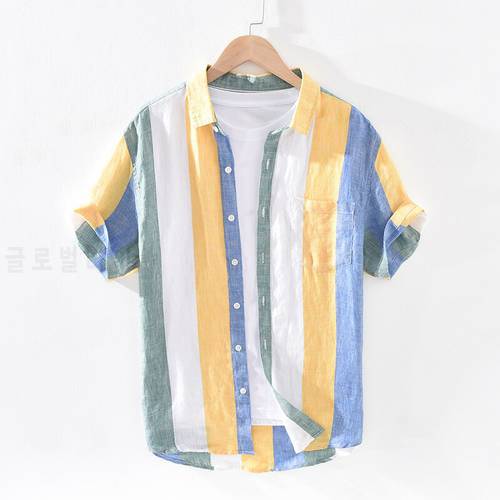 New style short-sleeved stripe pure linen shirts men brand casual comfortable shirt for men camisa chemise tops mens