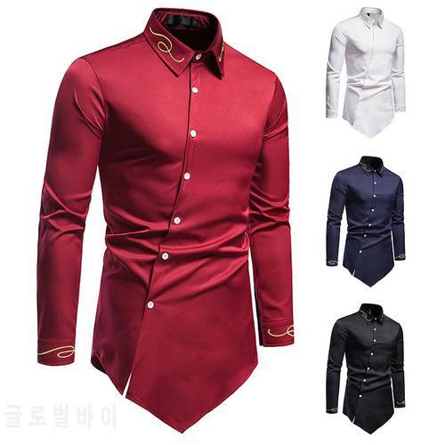 New Hollow Men&39s Trend Embroidered High-end Atmosphere Asymmetric Long-sleeved Personality Shirt