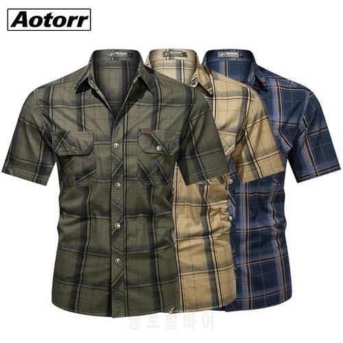 New 100% Cotton Army Shirt Men Fashion Military Short-sleeve Tops Casual Top Male Lapel Plaid Work Shirts Summer Army Green 5XL