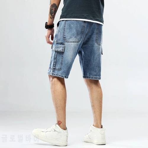 Plus Size 40 Men&39s Loose Blue Denim Shorts Summer New Big Pocket Straight Jeans Cargo Shorts Male Plus Size Five Point Pants
