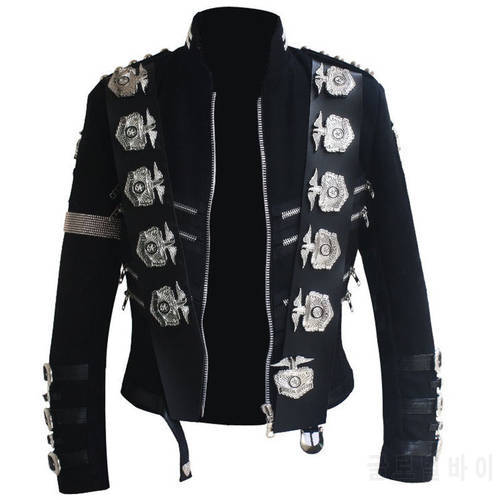 Classic MJ Michael Jackson BAD Black Classic Jacket With Silver Eagle Badges Punk Metal Fashion Badge woolen Clothing Show Gift