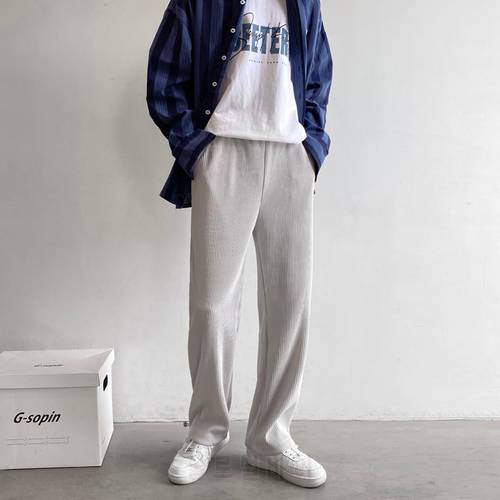 Summer Ice Silk Pleated Pants Men&39s Korean Fashion Loose Solid Color Casual Pants Men&39s Harajuku Streetwear Drawstring Pants Men