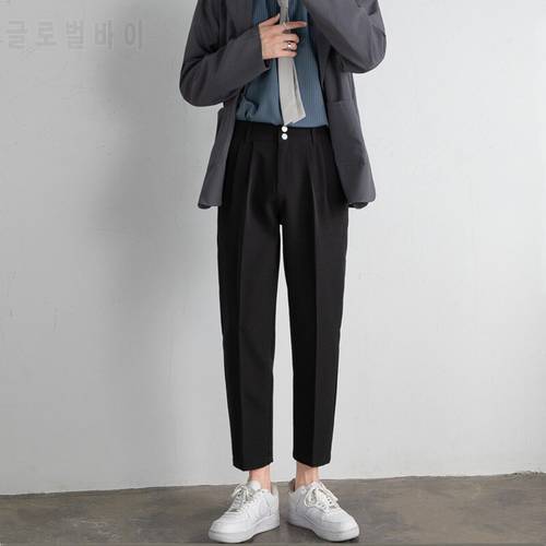 2021 Men&39s Summer Suit Pants Korean Design Clothing Ankle Length Straight Fit Trousers Elastic Waist Solid Black Khaki Green