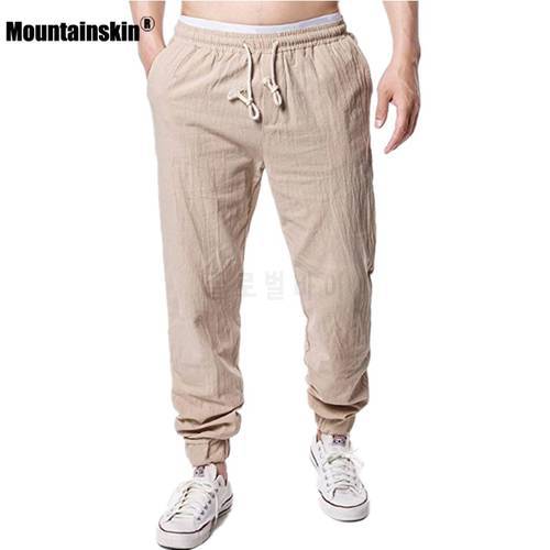 Mountainskin Men Cotton Linen Pants Solid Color Elastic Waist Loose Trousers Male Breathable Casual Trousers Pantalones MT155