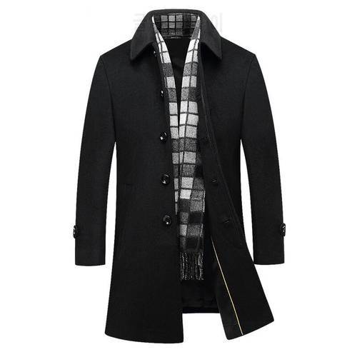 Winter Men&39s Wool Coat Male Slim Fat Business Casual Black Pea Coat With Scarf Men Clothing Overcoat Manteau Homme 4XL BF1495