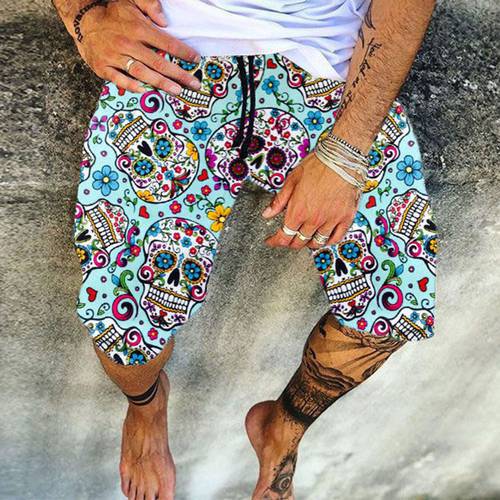 Lugentolo Plus Size Skull Printed Shorts Men Summer Fashion Loose Casual Beach Mid Waist Lace Up Mens Pants