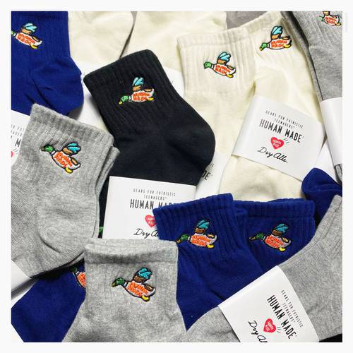 Mid Navy Middle Crew Street Fashion Socks Cotton Duckling Flying Little Duck Embroid Embroidery Japanese Daily Retro Game Sox