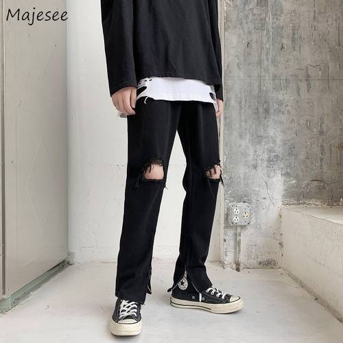 Jeans Men Fashion Solid Vintage Holes Harajuku Cool Retro Zippers Distressed Ripped Denim Trousers High Street All-match Leisure