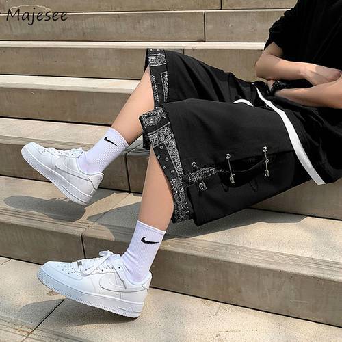 Men Casual Shorts Patchwork Design Fake Two Pieces Straight Retro Harajuku Streetwear Knee-length Trousers Drawstring Stylish BF