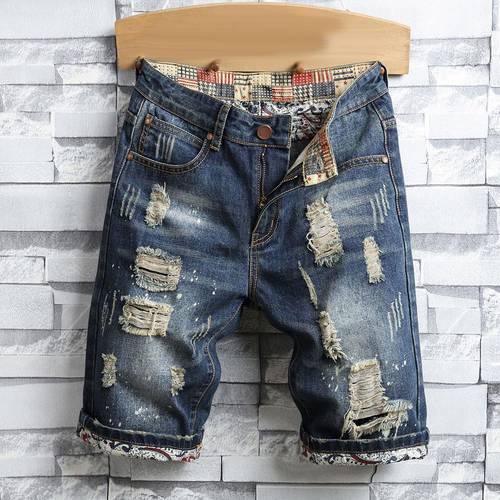 Mens Retro Summer Men Ripped Denim Shorts Jeans Destroyed Hole Plus Size Fifth Pants Jeans Streetwear Denim Straight Shorts