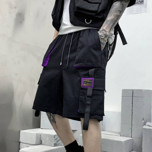 Summer Shorts Cargo Pants Men Joggers Black Stylish Pocket Ribbons Japanese Fashion Streetwear Hip Hop Shorts Male Casual Pants