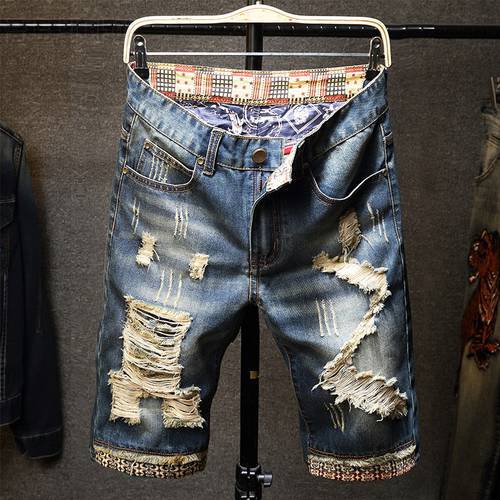 2022 Summer New Men&39s Ripped Short Jeans Streetwear Big Hole Fashion Vintage Blue Slim Denim Shorts Brand Clothes