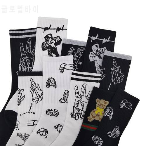 10 Pairs/Pack Men Woman Harajuku Pattern Hip-Hop Cotton Funny Novelty Socks Couple Streetwear Black White Breathable Long Socks