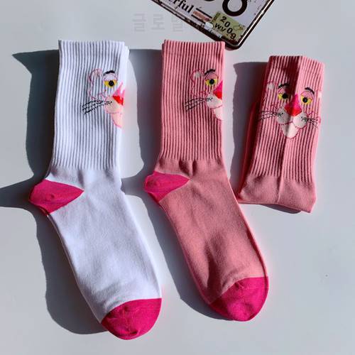 Hi 2021 New Women Lovely Socks Cute Cortoon Animal Pink Panther Milk White Color Contrast Kawaii Cartoon Cotton Funny For Female