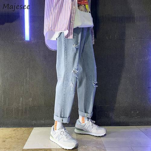 Men Blue Ankle Length Jeans Solid Holes Korean Style Vintage Retro Chic Hip-hop Fashion Mens Trousers Streetwear Spring BF Loose
