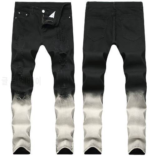 New men ripped jeans black skinny stretch ripped scratches gradient two-color stitching hip hop punk trend street jeans trousers