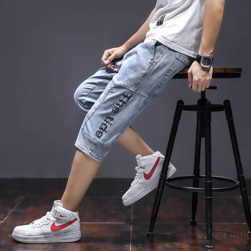 Summer Thin Capri Jeans Men Loose Straight Elastic Korean Fashion Loose Casual Versatile Capri Shorts Clothes Streetwear Factory