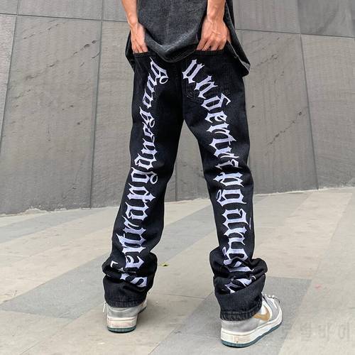 Ripped Hip Hop Hole Embroidery Jeans Men&39s Korean Oversize Straight Black Vibe Denim Trousers Loose Harajuku Retro Jean Pants