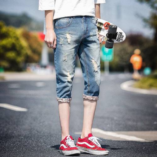 Summer Thin Men Baggy Jeans Men&39s Hole Shorts Slim Korean Light Leggings 7-point Pants Beggars Pants Джинсы Штаны Брюки Мужские