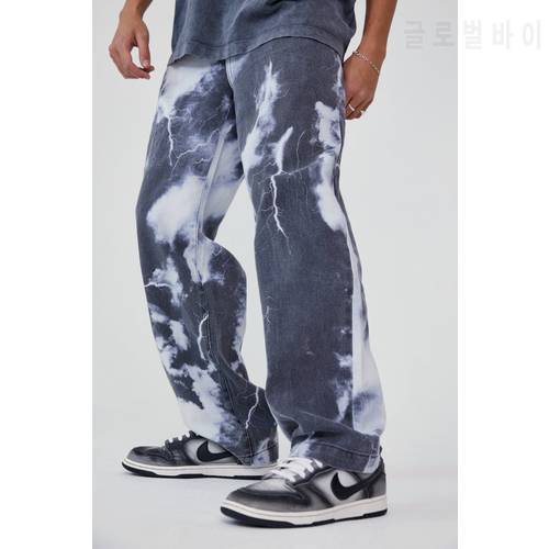 Men Loose Skate Denim Pants 2021 Adults Color Block Lightning Cloud Print Trousers with Pockets S-2XL