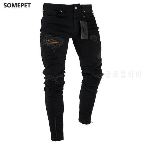 Black Stretch Skinny Fit Bottom zipper Jeans Men Knee Ripped Distressed Hole biker jeans Pants Hip Hop Street Big Size XXXL
