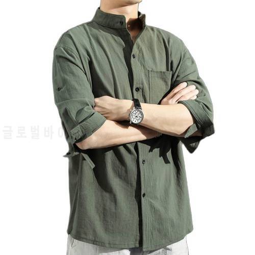 Solid Colors Long Sleeve Shirts Chinese Style Wear Stand Collar Loose 100% Cotton White Black Shirt Short Sleeve Shirt 5XL