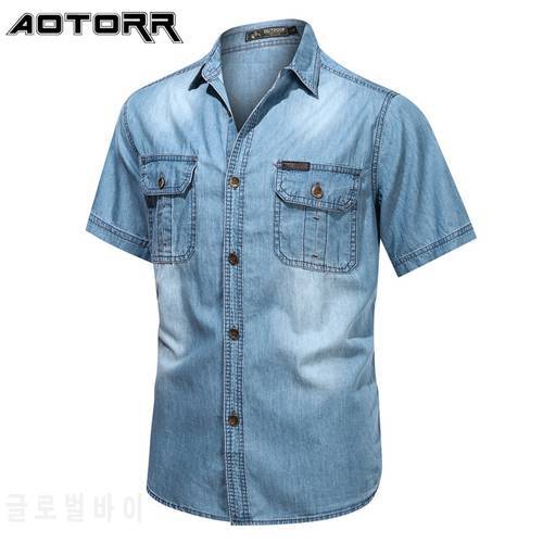 2022 Summer Men&39s Slim Thin Shirt Blue Cowboy Short Sleeved Shirts Fashion Solid Color Business Casual T-shirt Shirt Men